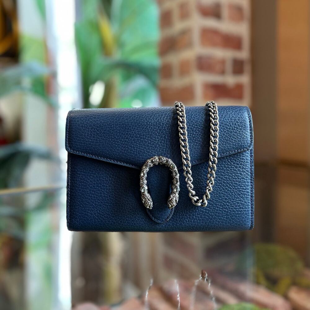GUCCI Navy Blue Leather Dionysus Wallet On Chain